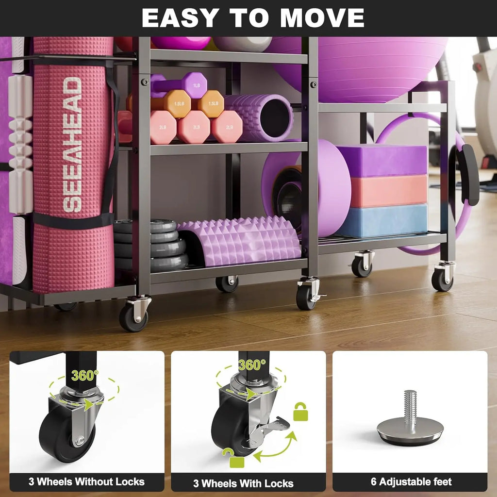 GYMIRO Premium 6-Tier Adjustable Home Gym Organizer – Rolling Storage Rack for Yoga Mats, Dumbbells & Fitness Accessories