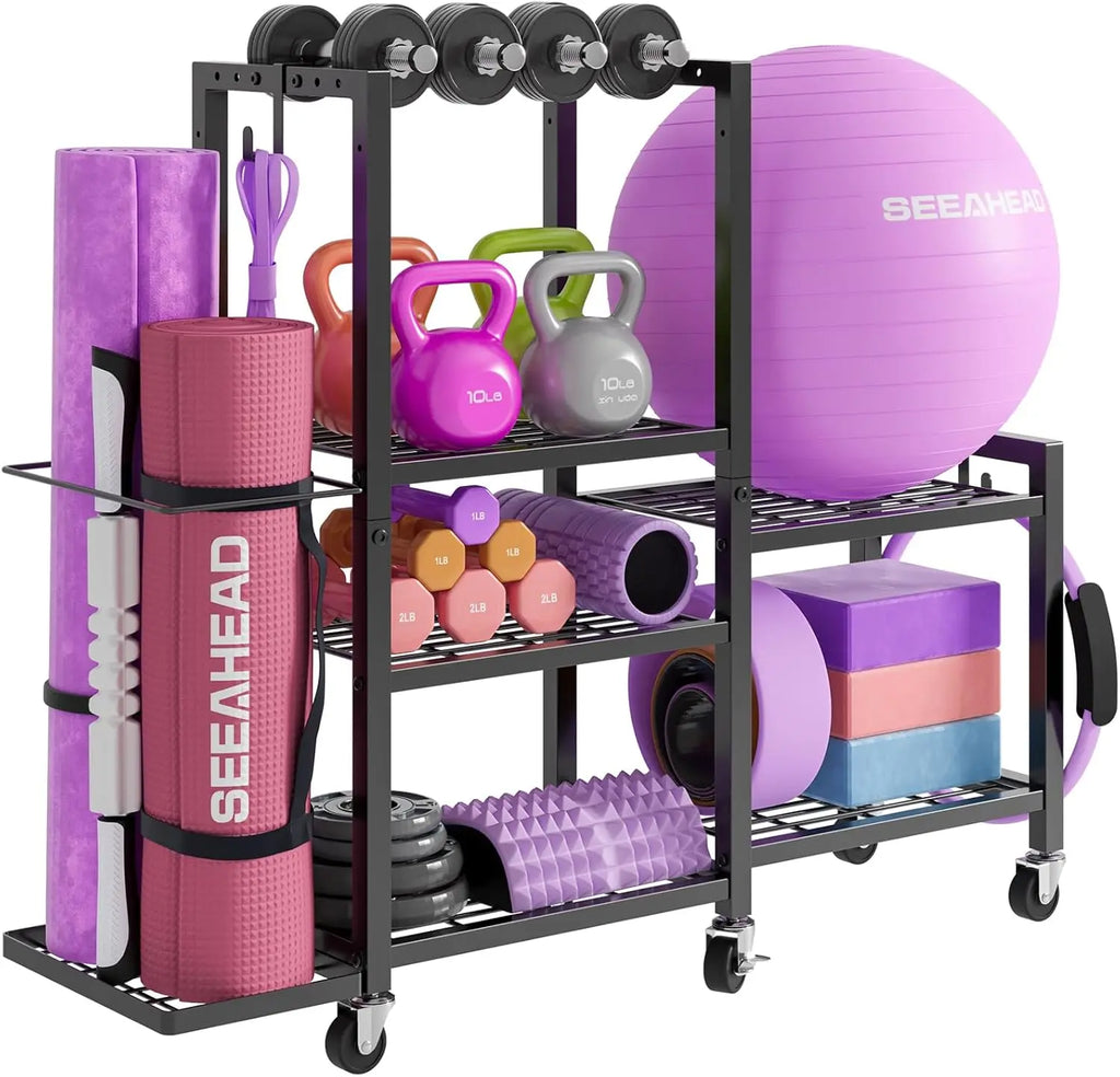 GYMIRO Premium 6-Tier Adjustable Home Gym Organizer – Rolling Storage Rack for Yoga Mats, Dumbbells & Fitness Accessories