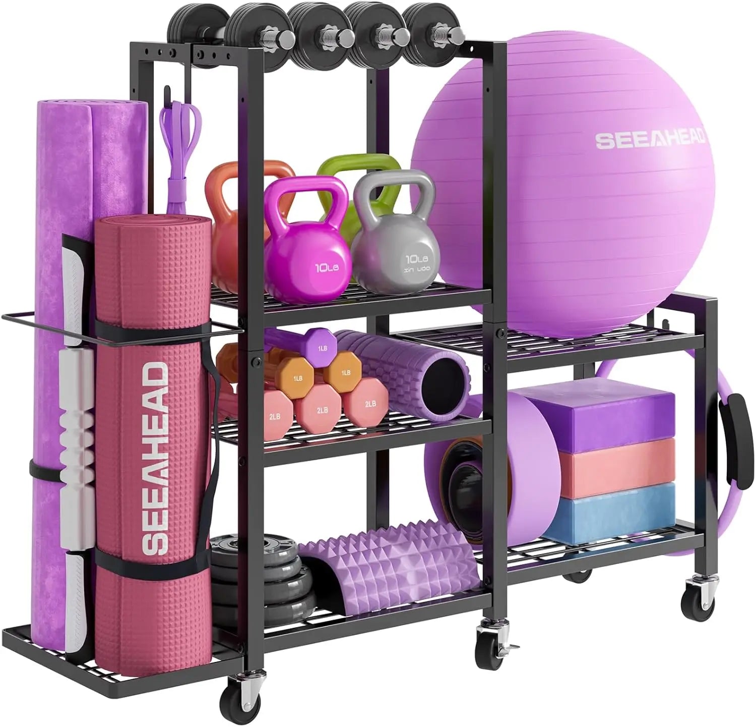 GYMIRO Premium 6-Tier Adjustable Home Gym Organizer – Rolling Storage Rack for Yoga Mats, Dumbbells & Fitness Accessories