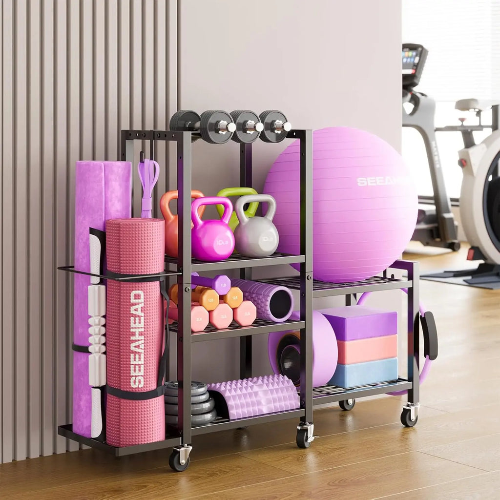 GYMIRO Premium 6-Tier Adjustable Home Gym Organizer – Rolling Storage Rack for Yoga Mats, Dumbbells & Fitness Accessories