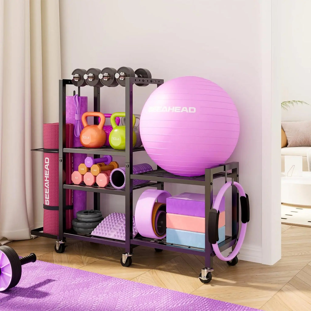 GYMIRO Premium 6-Tier Adjustable Home Gym Organizer – Rolling Storage Rack for Yoga Mats, Dumbbells & Fitness Accessories